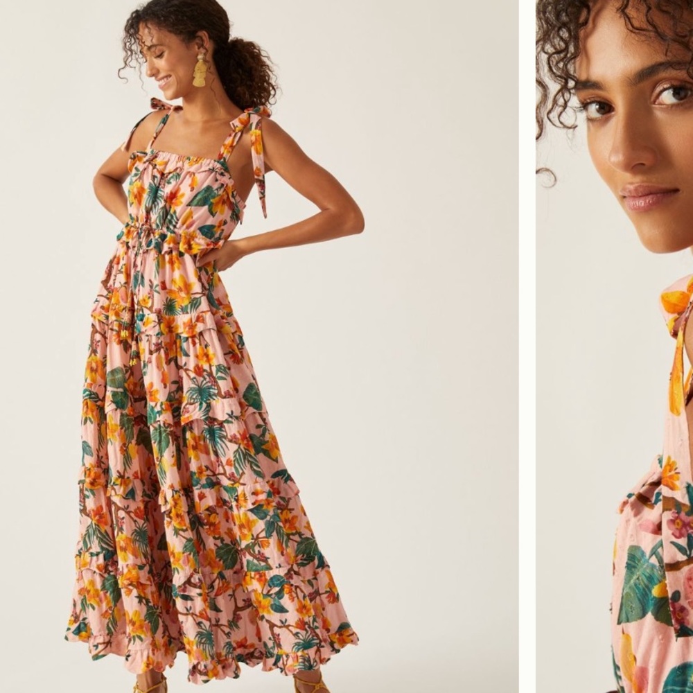 NWT Farm Rio square neck tiered maxi dress. Women’s size XXS